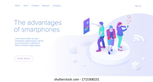 Smartphone communication concept in isometric vector illustration. Electronic messaging app for cell phone. Social media or mobile application layout template for website landing page.