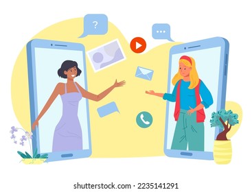 Smartphone communication concept, vector illustration. Flat young woman character talk by phone, online app with chat message icon.