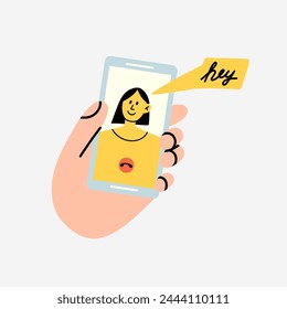 Comunicación por smartphone. Teléfono de mano. Video Charlar, Pantalla del dispositivo con las caras de la gente, aplicación de facetime, Ilustración vectorial aislada plana de la historieta del gadget