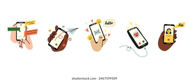 Smartphone communication. Hand hold phone. Chatting, video and text messages, letter mail. Device screen with people faces, facetime application. Gadget cartoon flat style isolated vector illustration