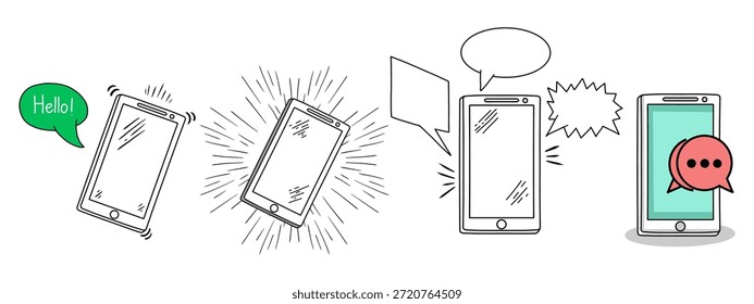 Smartphone communication icon set with speech bubbles and alert effects doodle style hand drawn