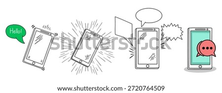 Smartphone communication icon set with speech bubbles and alert effects doodle style hand drawn