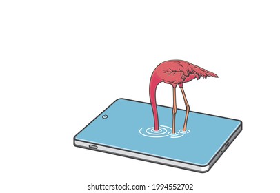 Smartphone communication for life, Enjoy technologyy; Funny of poultry, Flamingo, Duck family, Play on new normal society concept. Illustration, Graphic, Line, Art, Vector isolated on background.
