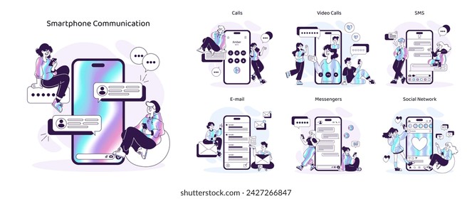 Smartphone Communication set. Modern digital interaction through diverse channels. Engage in calls, video chats, emails, instant messaging, and social media. Vector illustration