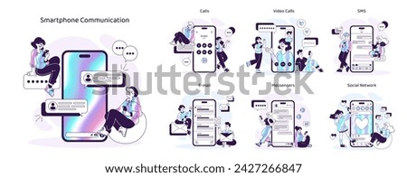 Smartphone Communication set. Modern digital interaction through diverse channels. Engage in calls, video chats, emails, instant messaging, and social media. Vector illustration