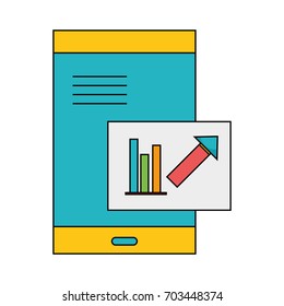 smartphone with company document and statistics bar diagram