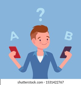 Smartphone comparison for a boy. Young guy choosing between two smart phones, rankings product features, looking for differences, design view, brand and price. Vector flat style cartoon illustration