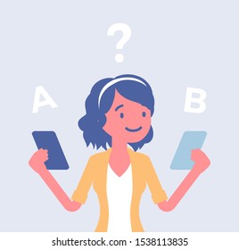 Smartphone comparison for a girl. Young lady choosing between two smart phones, rankings product features, looking for differences, design view, brand and price. Vector flat style cartoon illustration