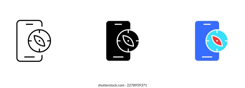 Un smartphone con un icono de brújula en la pantalla, que indica que tiene una función de brújula integrada. Conjunto vectorial de iconos en línea, de color y negro aislados.