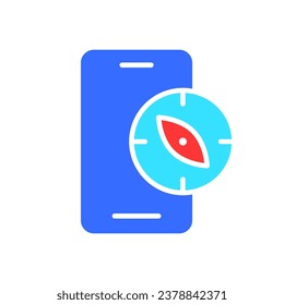 Smartphone con icono de la línea de brújula. Gadget, red social, aplicaciones, Internet, tecnología. Icono de color vectorial en un fondo blanco para negocios y publicidad.