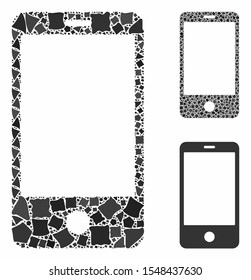 Smartphone composition of bumpy elements in various sizes and color tints, based on smartphone icon. Vector inequal elements are composed into collage. Smartphone icons collage with dotted pattern.