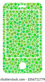 Smartphone composition of dots in various sizes and fresh green color tints. Vector filled circles are combined into smartphone illustration. Ecology design concept.