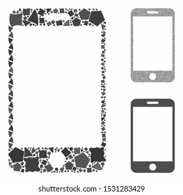 Smartphone composition of tuberous items in various sizes and color tints, based on smartphone icon. Vector unequal items are grouped into composition. Smartphone icons collage with dotted pattern.