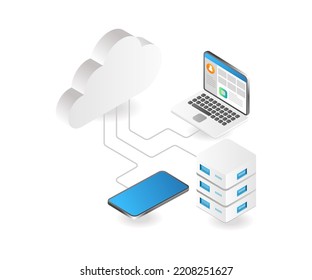 Smartphone computer cloud server in isometric flat illustration