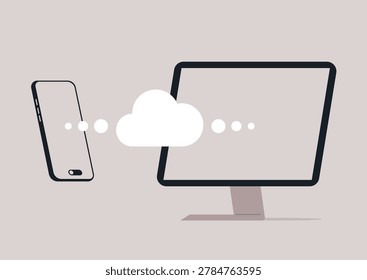 Smartphone and computer engage in a lively exchange, shifting data through soft cloud formations, showcasing modern connectivity and digital harmony.
