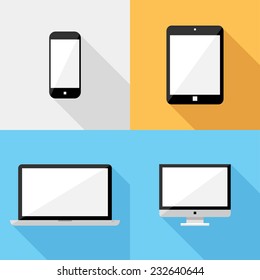 Smartphone and computer icons. Flat design style modern vector illustration. Isolated on stylish color background. Flat long shadow icon. Elements in flat design.