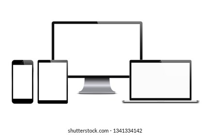Smartphone, computer monitor, laptop and tablet. Set of digital tech devices with blank screens. Vector illustration on white background.