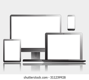 Smartphone Computer Monitor Tablet Laptop Set. Realistic vector illustration.