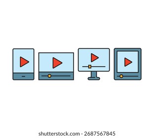 smartphone, computer and tablet with media player icons set