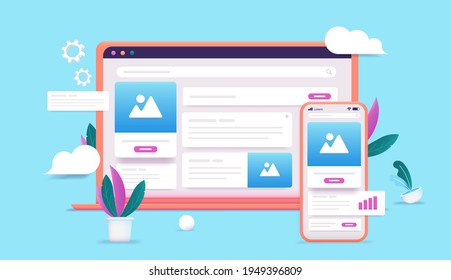 Smartphone and computer web design on screen - Cartoon 3d style vector illustration of Laptop and phone with user interface elements in bright colours.
