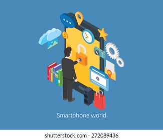 Smartphone concept design 3d isometric world and businessman