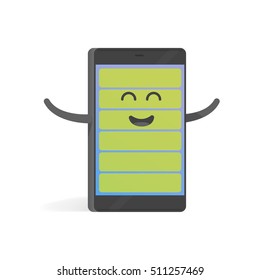 Smartphone concept happy full charge battery. Cute cartoon character phone with hands, eyes and smile.
