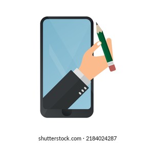 Smartphone concept, Icons of hand holding phone and pen.