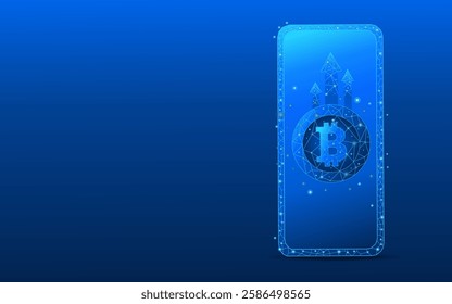 smartphone concept of increasing income, business and finance in bitcoin. 3D money in light blue futuristic style on phone screen and growth chart
