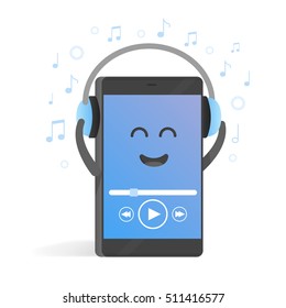 Smartphone concept of listening to music on headphones. Background of notes. Cute cartoon character phone with hands, eyes and smile.