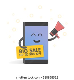 Smartphone concept with megaphone announcing sales and discounts, and holding banner. Cute Cartoon character phone with hands, eyes and smile.