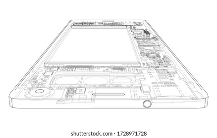 Smartphone concept outline. Vector rendering of 3d. Wire-frame style. The layers of visible and invisible lines are separated