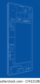 Smartphone concept outline. Vector rendering of 3d. Wire-frame style. The layers of visible and invisible lines are separated