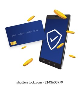 Smartphone-Konzept mit Kreditkarte, Schutz von Finanztransaktionen, 3d-isometrisches Design, Vektorgrafik