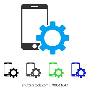 Smartphone Configuration Gear flat vector illustration. Colored smartphone configuration gear, gray, black, blue, green pictogram versions. Flat icon style for graphic design.