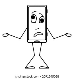 The smartphone is confused and does not understand anything. A stylized smartphone with emotion, hands, feet. Vector icon, outline, cartoon, isolated. Editable stroke