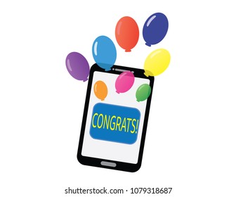 Smartphone with congrats button and balloons flying