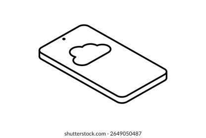 Smartphone connected to cloud isometric line icon with mobile device and cloud symbol, black and white, Vector Illustration