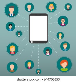 Smartphone with connected people. Eps 10 vector file.