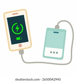 Smartphone conectado a um banco de energia, representando carregamento portátil durante a viagem. Ideal para tecnologia, viagens e design de estilo de vida digital.