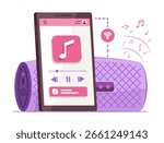 Smartphone Connected with Wireless Portable Speaker via Wi-Fi Signal to Playing Song for Wireless Connection Technology and Entertainment Concept Illustration