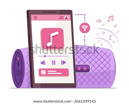 Smartphone Connected with Wireless Portable Speaker via Wi-Fi Signal to Playing Song for Wireless Connection Technology and Entertainment Concept Illustration