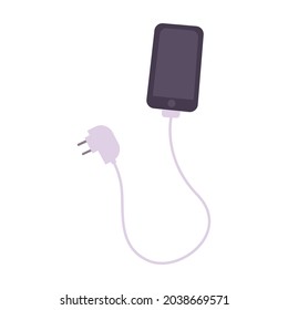 Smartphone connecting to charger through white usb cable flat vector illustration