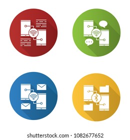 Smartphone connection flat design long shadow glyph icons set. Chatting, sending e-mail, wifi data transfer. Vector silhouette illustration