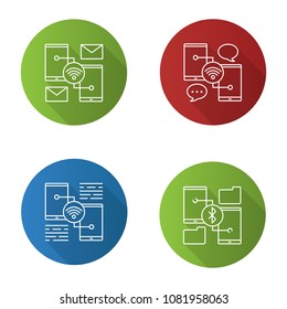 Smartphone connection flat linear long shadow icons set. Chatting, sending e-mail, wifi data transfer. Vector outline illustration