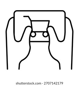 Smartphone en las manos del consumidor icono de línea delgada, concepto de lunes cibernético. Gráficos de Vector. Manos con el teléfono, Carrito en pantalla, muestra de la tecnología en el fondo blanco, icono del estilo del contorno para el móvil o el Diseño web