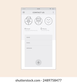 Smartphone contáctenos pantalla del App con el formulario y las ilustraciones. diseño editable de la estructura de alambres móvil del Vector para el móvil, con datos de la muestra y detalles gráficos reales de la interfaz de usuario listos para los proyectos de ux ui.