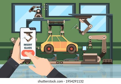 Smartphone control conveyor. Hands holding telephone worker with manufacturing systems robotic hands connection garish vector background