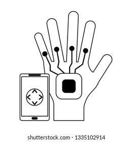 Smartphone controlling robot hand in black and white