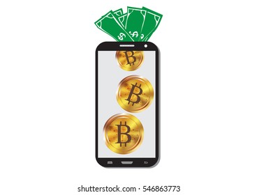 smartphone convert dollar bill to bitcoin coins.Rasterized copy illustration on virtual money, online business, commerce, finance exchange in flat style