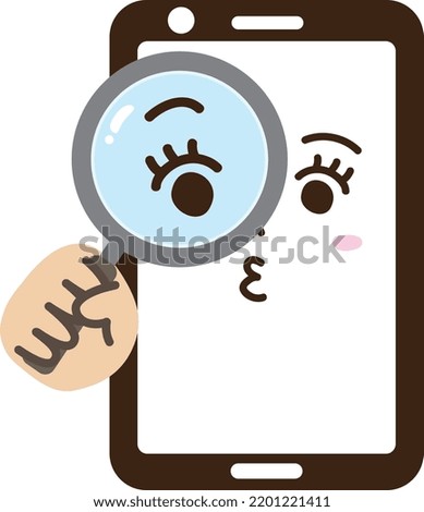 A smartphone with a convincing face looking into a magnifying glass and exploring